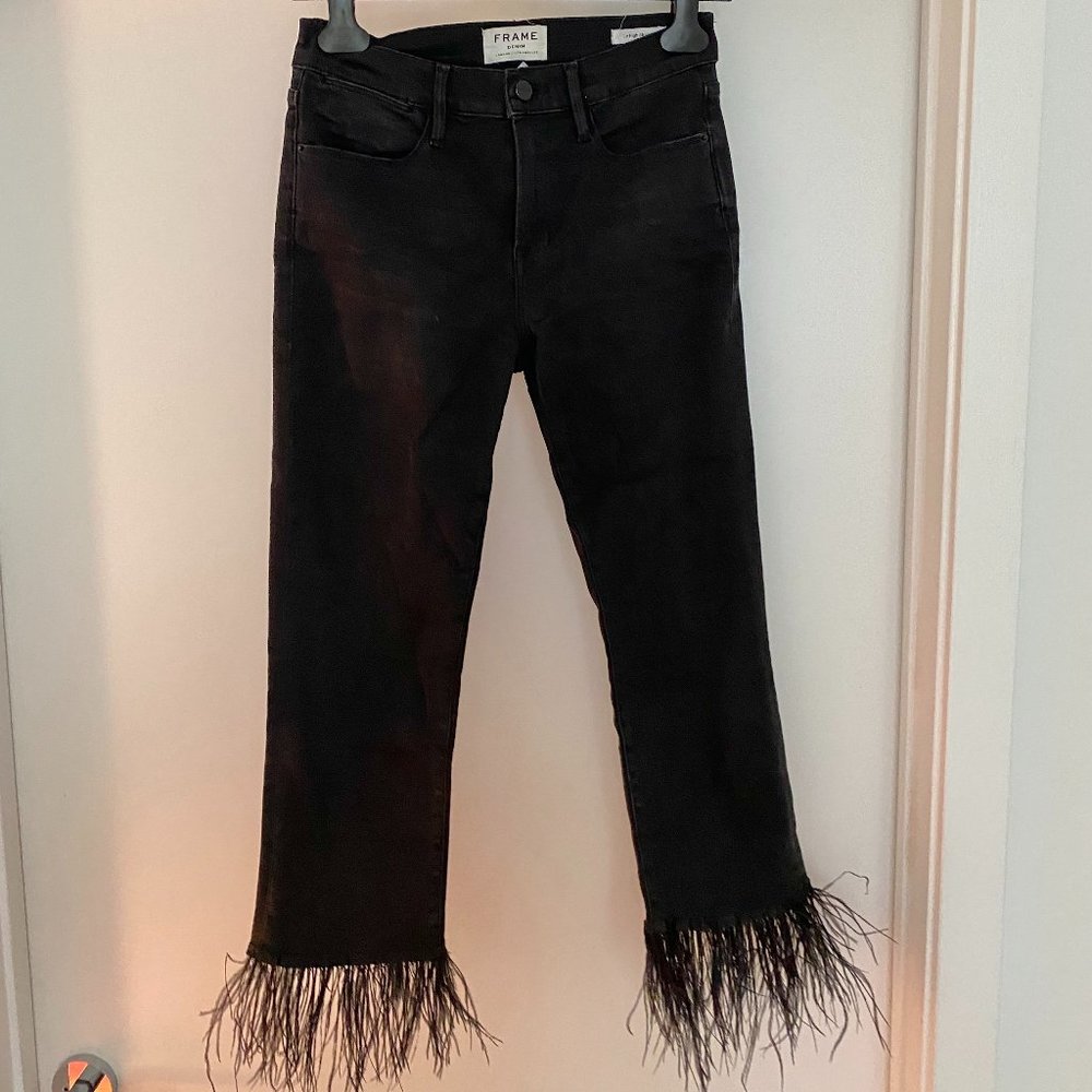 FRAME Le High Straight Leg Ankle Jeans in Black with Feathers